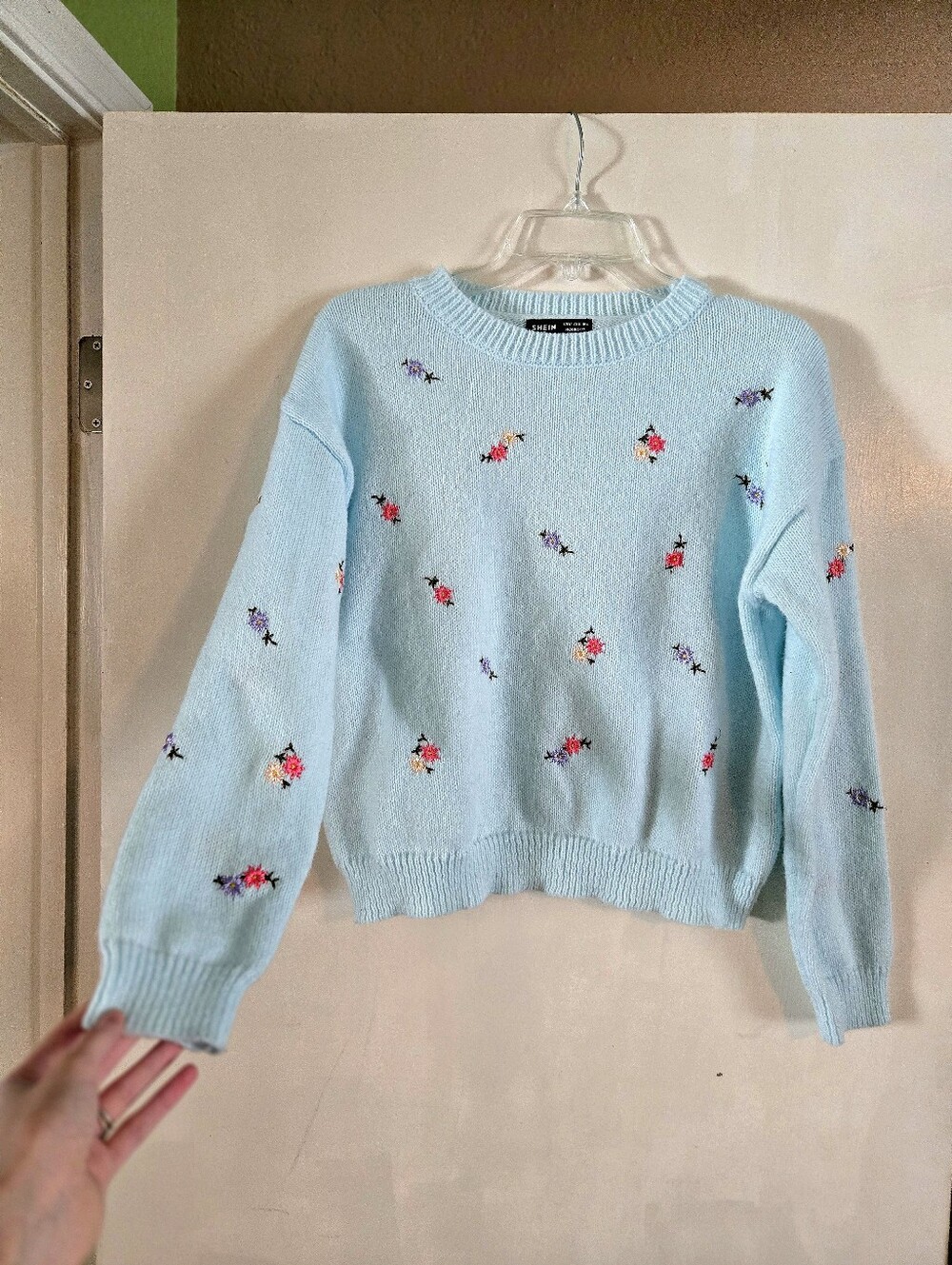 Light Blue Floral Embroidered Crewneck Sweater